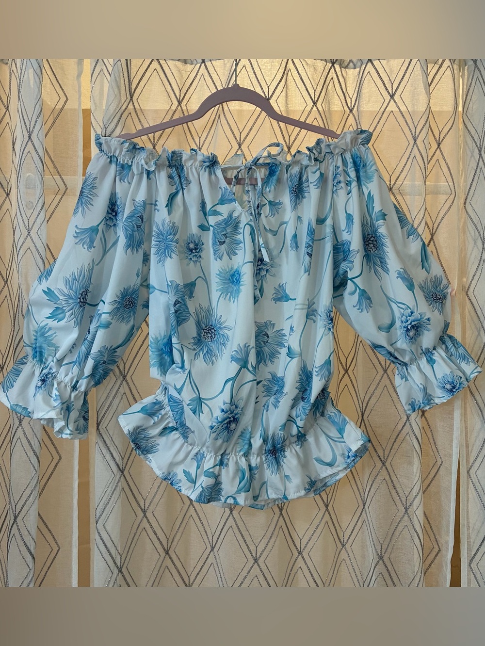 Light Blue Floral Off-Shoulder Peasant Blouse